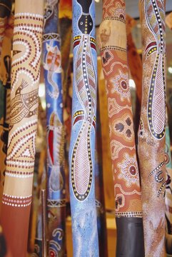 Traditional hand painted colourful didgeridoos