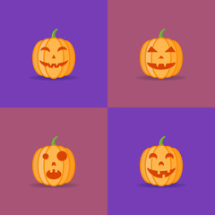 Set of halloween pumpkins with different facial expressions. Jack-o-Lantern. Flat style icons. Vector illustration.