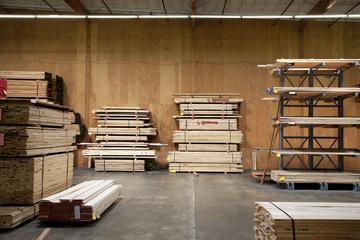 Wooden plywood stored in warehouse