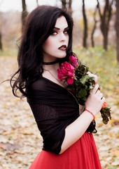 Beautiful witch on Halloween. Witch in the woods. Makeup for vedbmy. Sorcerers.