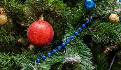 Christmas background red Christmas ball on a Christmas tree 