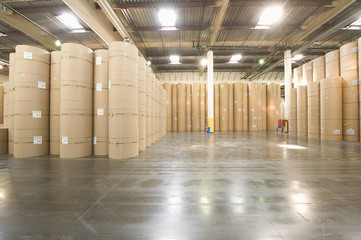 View of huge rolls of paper in spacious newspaper factory