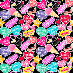 Seamless pattern fashion elements in patch style.
