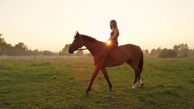 SLOW MOTION: Pretty blonde smiling girl bareback riding mighty brown horse