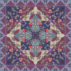 Beautiful tablecloth, ceramic tile, pillowcase, kerchief square design pattern. Vector illustration. Ethnic bandana print.