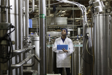Factory worker inspecting bottling factory