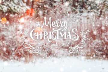 Frosty winter landscape in snowy forest. Xmas background with fir trees and blurred background of winter with text Merry Christmas and Happy New Year