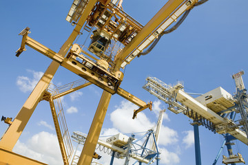 Low angle view of dockside cranes used for unloading container ships at Limassol Cyprus