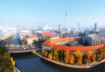 Aerial view of central Berlin on a misty morning