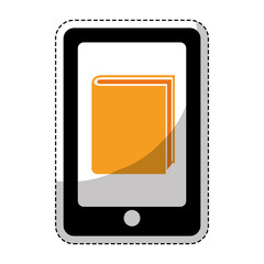 Sticker of smartphone device with ebook icon over white background. electronic book design. vector illustration