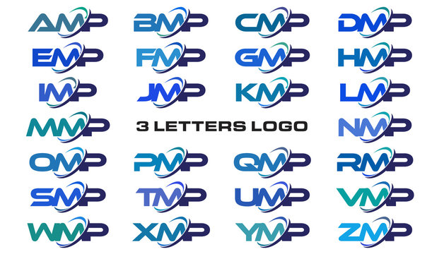 3 letters modern generic swoosh logo AMP, BMP, CMP, DMP, EMP, FMP, GMP, HMP, IMP, JMP, KMP, LMP, MMP, NMP, OMP, PMP, QMP, RMP, SMP, TMP, UMP, VMP, WMP, XMP, YMP, ZMP