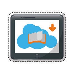 tablet device with cloud and ebook icon over white background. electronic book concept. colorful design. vector illustration