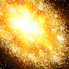 Abstract golden explosion with gold glittering elements. Burst of glowing stars. Dust firework light effect. Sparkles splash powder background. Vector illustration.