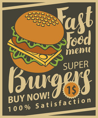 vector banner with super cheeseburger on retro style