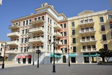 Building in Venice-like Qanat Quartier of the Pearl precinct of Doha, Qatar.