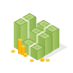 Big stacked pile of cash and some gold coins. Flat style illustration