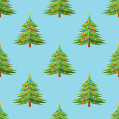 Seamless pattern with decorated Christmas tree on blue background. Vector texture.