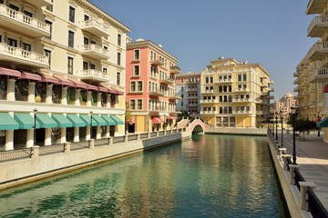 Canal view in Venice-like Qanat Quartier of the Pearl precinct of Doha, Qatar.