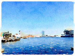 Digital watercolor painting of Barcelona harbor entrance. With space for text - 129975384