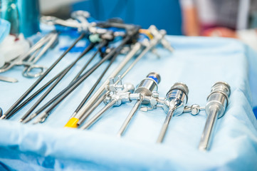 Close up steralized surgical tools for laparoscopic surgery. Selective focus