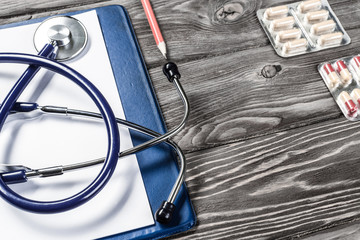 Desk of doctor with medicine things