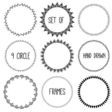 Hand drawn pencil frame. Sketch design concept.  Set of circle frames isolated.
