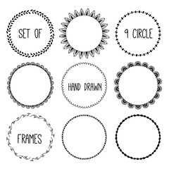 Hand drawn pencil frame. Sketch design concept.  Set of circle frames isolated.