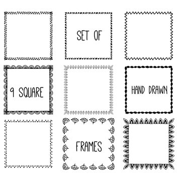 Hand drawn pencil doodle frame. Sketch design concept.  Set of square frames.