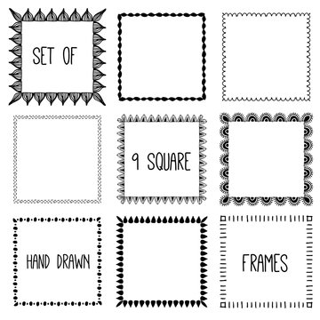Hand drawn pencil doodle frame. Sketch design concept.  Set of square frames.