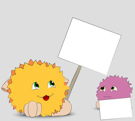 two cute cartoon monster looking posters gray background