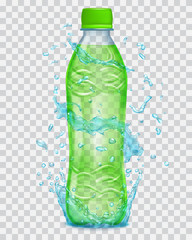 Transparent water splashes in blue colors around a plastic bottle with green juice. Transparency only in vector file