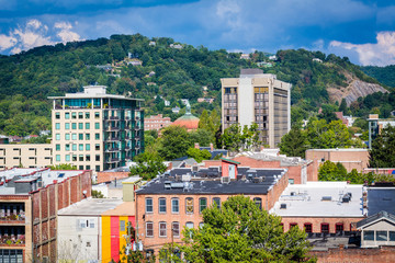 View of buildings in downtown and Town Mountain, in Asheville, N