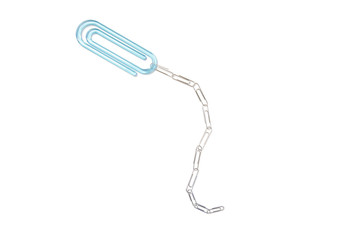 Paper clips linked together on white background