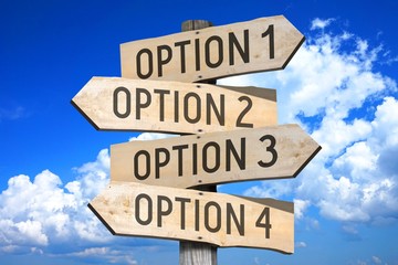 Wooden signpost with four arrows - option 1, option 2, option 3, option 4 - great for topics like...