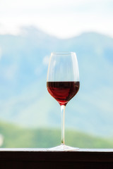 Half full red wine glass goblet on natural scenic background vertical close up view
