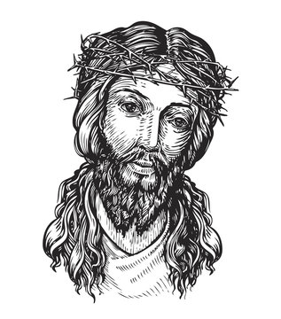 Jesus Christ with thorny wreath on his head. Sketch vector illustration