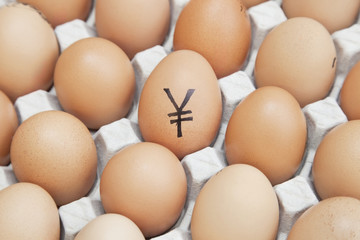 Yen currency sign on egg surrounded by plain brown eggs in carton