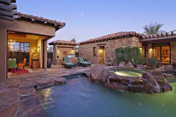 House Exterior with swimming pool and hot tub - obrazy, fototapety, plakaty