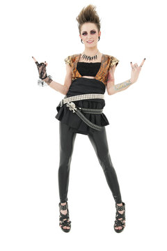 Portrait of punk woman gesturing rock sign over white background