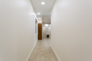 Newly built modern dressing room with lockers and benches for sitting. Entrance view, hallway.