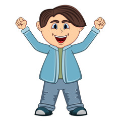 The little cute boy raise the two hands up