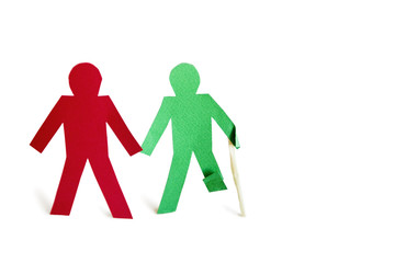 Two stick figures holding hands one with an injury over white background