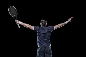 Keuken spatwand met foto Tennis player with hands up isolated on black © 27mistral