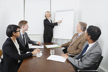 Senior woman using whiteboard in business meeting