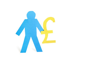 A blue stick figure holding pound sign over white background