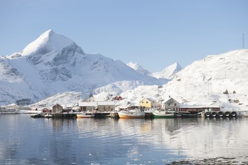 Coastal landscape and fishing village Sund in Flakstadoya Loftofen Norway