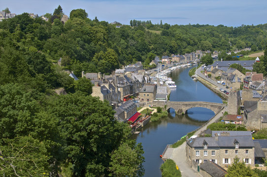 Rance River valley and Dinan harbour with the Stone Bridge, Dinan, Brittany, France 