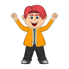 The little cute boy raise the two hands up