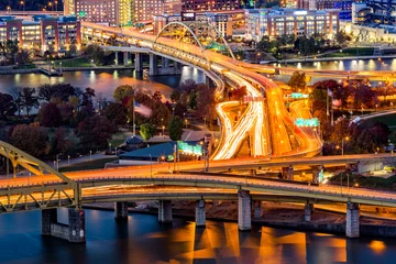 Printed kitchen splashbacks Highway at night Pittsburgh traffic trails on the highway junction between Fort Duquesne and Fort Pitt bridges