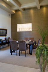 Modern dining room with pendant light and plant